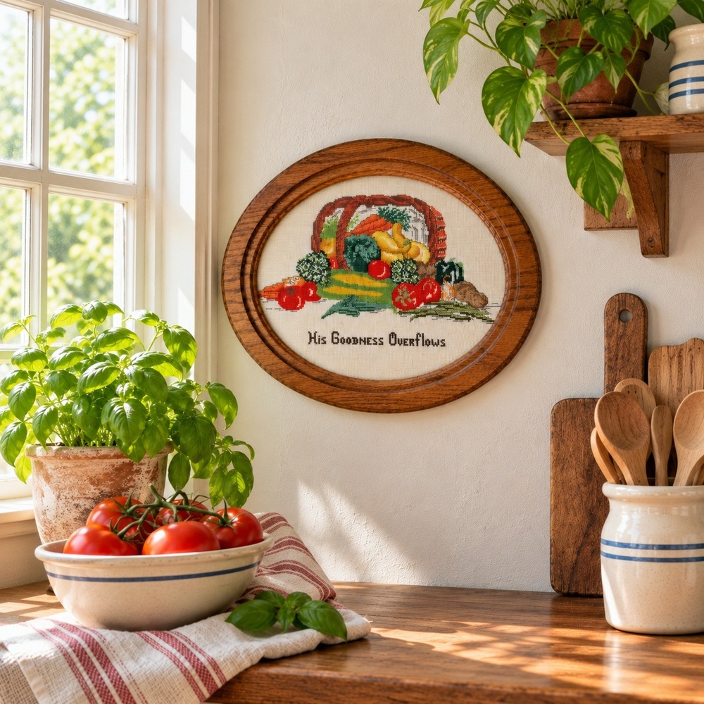 Vintage Handmade Cross Stitch Wall Art Framed Religious Kitchen Cottagecore